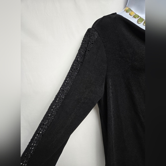 Chico"s Travelers 2 L 12 Black Cowlneck Eyelet Sleeves Long Length Stretch Knit - Picture 2 of 6